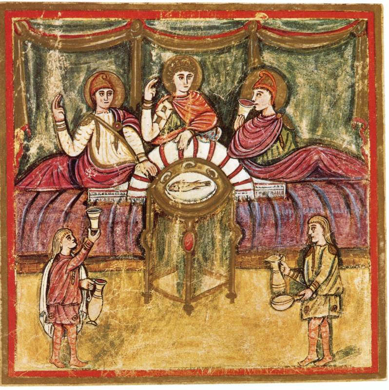 "Эней и Дидона". Миниатюра из Codex Vergilius Romanus 3867. Якобы VI век н.э. Дидона и Эней на пиру. Взято из [1191:1], с.70. См. также [1075:1], с.52.